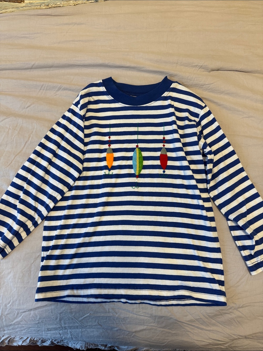 Striped Blue & White Kids Long-Sleeve Shirt with Colorful Fishing Lures